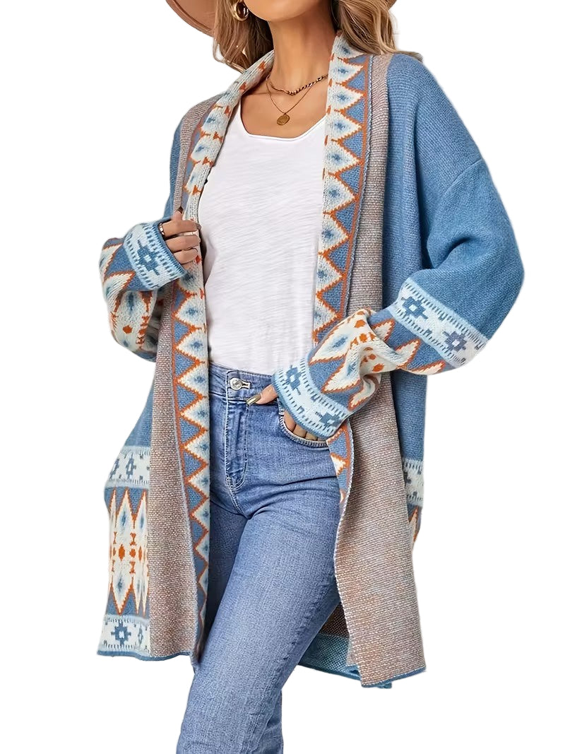 Women's Long Cardigan with Geometric Pattern
