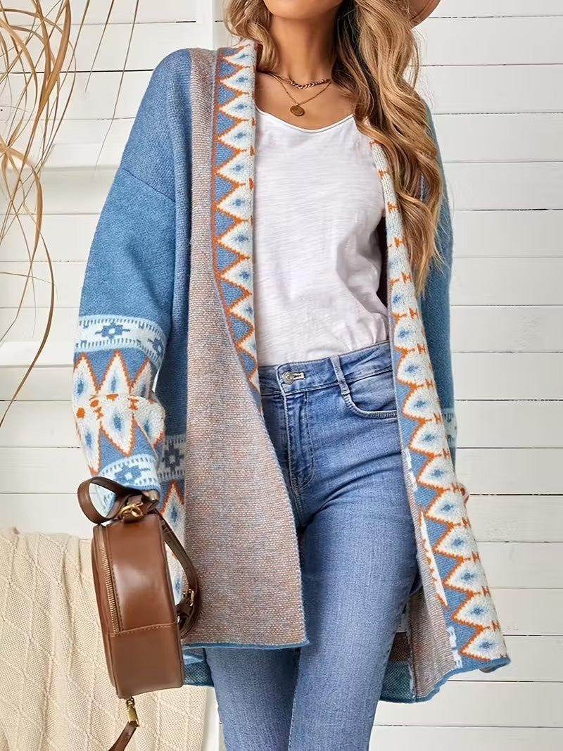 Women's Long Cardigan with Geometric Pattern